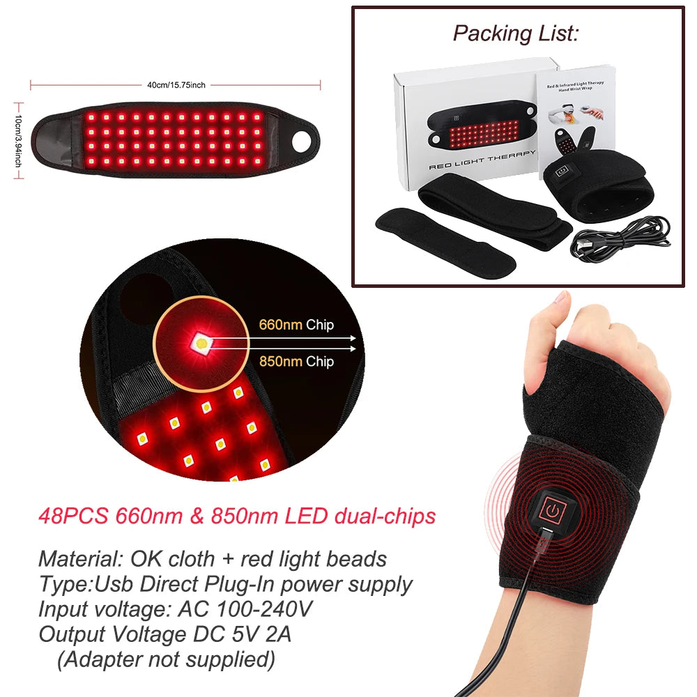 Red Light Therapy Strap 48 660Nm & 850Nm Wristband Brace LED Infrared Heating Pad Hand Carpal Tunnel Wrist Muscle Relieve Belt