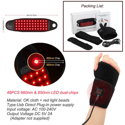 Red Light Therapy Strap 48 660Nm & 850Nm Wristband Brace LED Infrared Heating Pad Hand Carpal Tunnel Wrist Muscle Relieve Belt